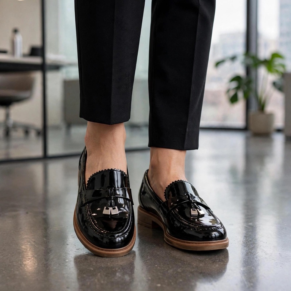 Clarks Black Patent Leather Flats with Modern Loafer Design